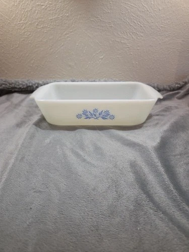 Vintage Anchor Hocking 5x9” Baking Loaf Dish White Milk glass Blue Cornflower