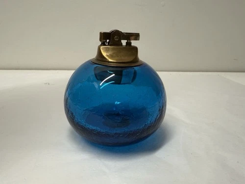 Blenko Mid Century Modern Turquoise Blue Crackle Glass Table Lighter 🐝