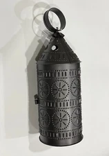 Large Baker's Lantern Smokey Black Punched Tin Candle Holder Farmhouse 16" Tall