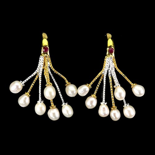925 Sterling Silver Earrings Round Ruby Pearl Natural Gemstone Jewelry - 第 1/13 張圖片