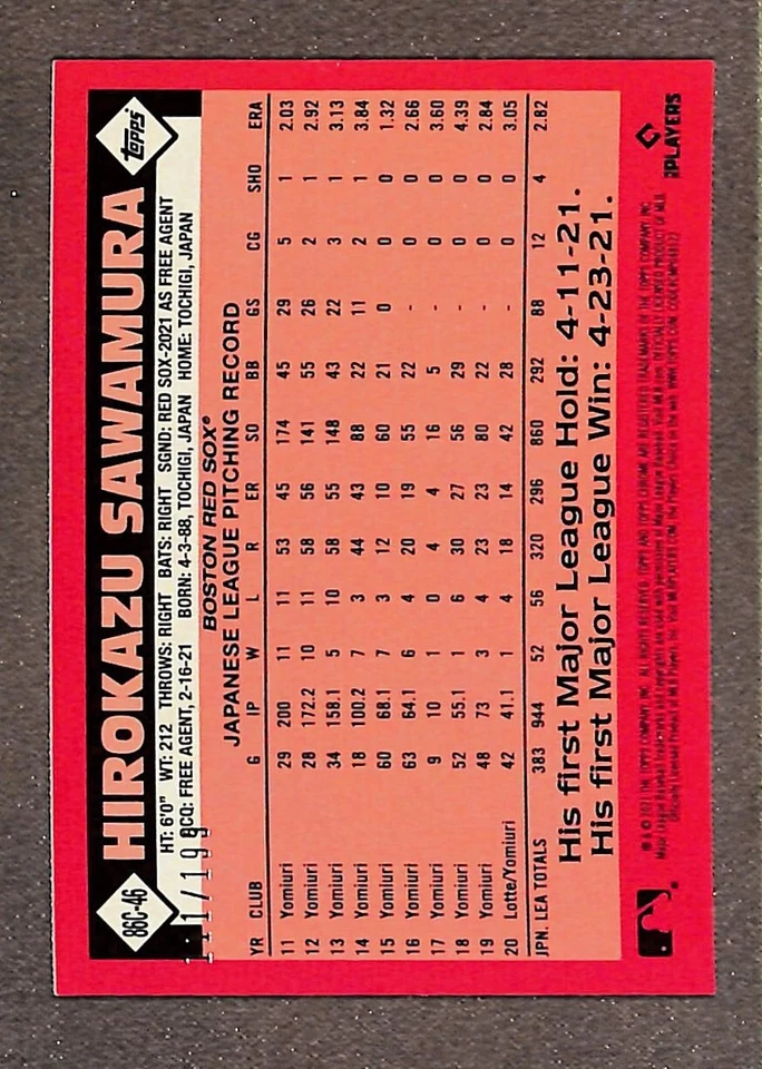 2021 Topps Update Silver Pack Black #86C-46 Hirokazu Sawamura Rookie /199 - Image 2 of 3