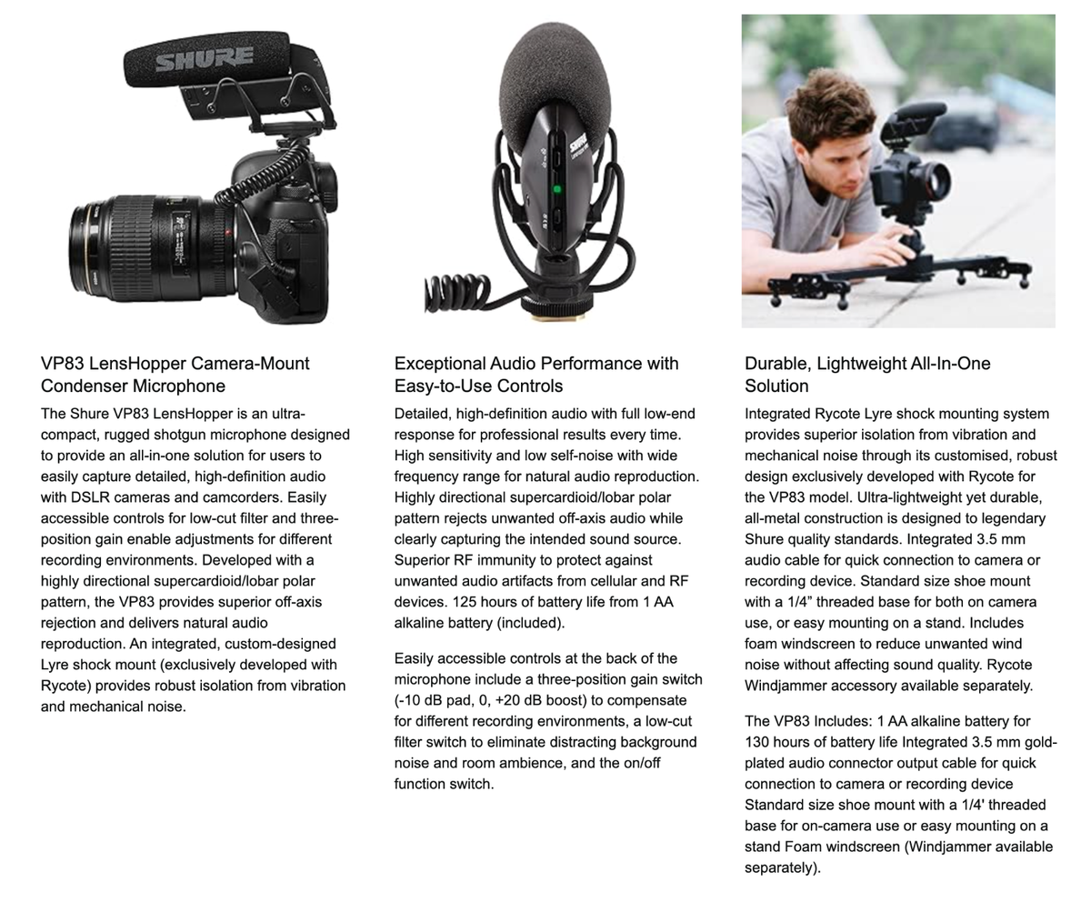 Shure VP83 LensHopper Lenshopper micro à condensateur pour | Bax Music