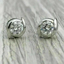 Pretty New Silver Plated Clear Round Contemporary Bezel Set CZ Stud Earrings