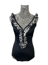 Maxine of Hollywood Swimsuit Size 8 One piece Black Ruffle Modest Pinup Vintage