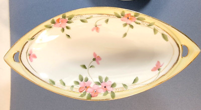 Antique Nippon Oval Celery dish Hand Painted Pink flowers gold trim