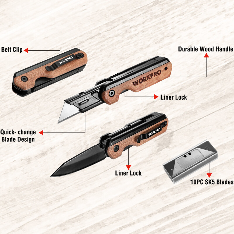 WORKPRO 2-in-1 Folding Knife Utility Knife Quick-Change Box Cutter Belt ...