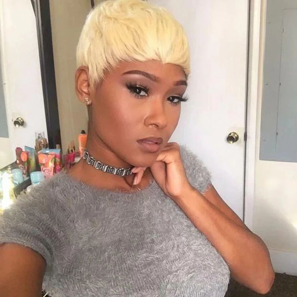 Pelucas cortas de cabello humano 100 % corte pixie rubio miel para mujer sin encaje pelucas pixie Foto 3 de 4