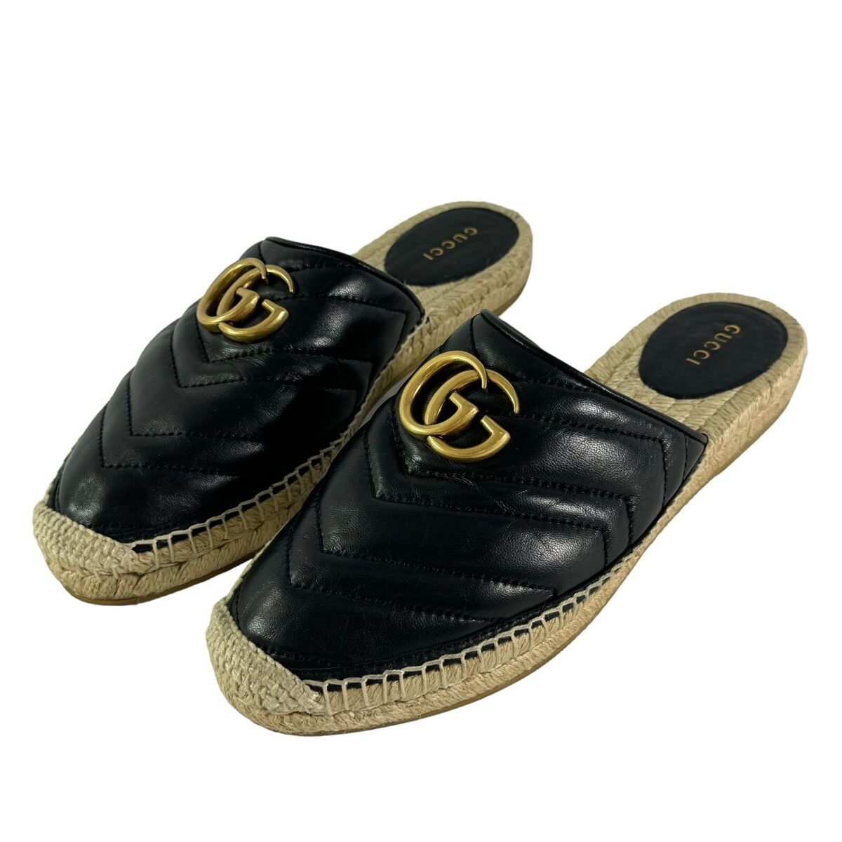 GUCCI 551881 Black Leather GG Marmont Espadrilles Mules GUCCI 551881 Black Leather GG Marmont Espadrilles Mules