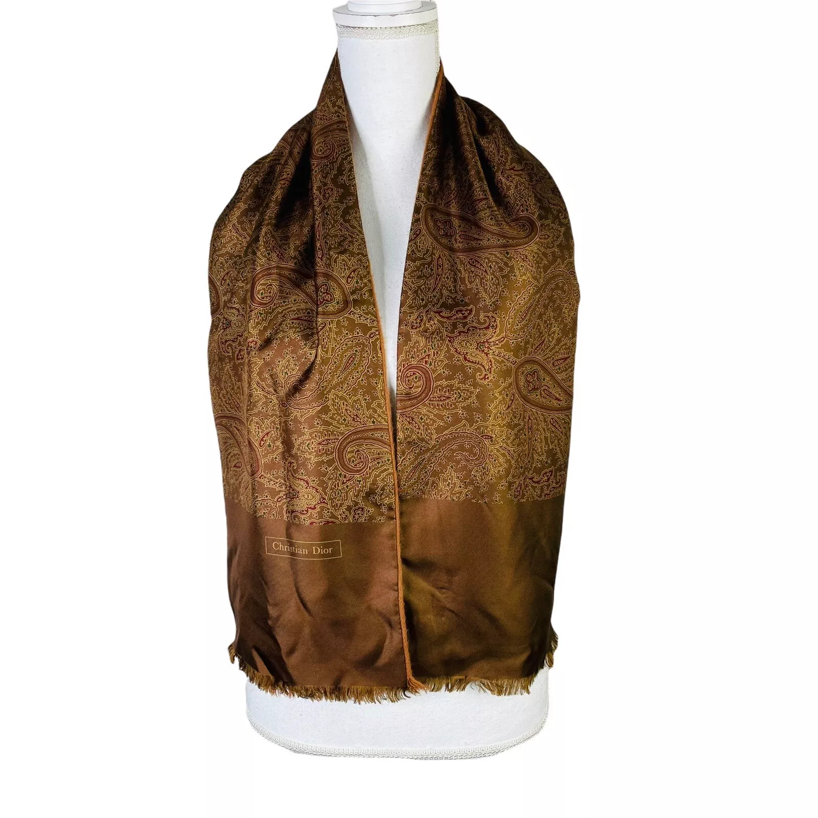 Foulard rectangle laine soie marron Christian Dior 52 po x 9 po réversible