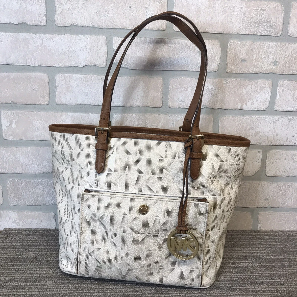 Michael Kors Women's Jet Set White Tan Monogram Double Handles Tote Bag