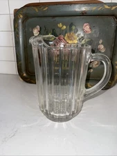 ⭐VTG Heavy Glass Pitcher Jug Panelled Starburst Base Ribbed Sides Ice Lip Clear