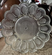 Indiana Glass Crystal Deviled Eggs Relish Serving Tray Vintage Hobnail 15 count