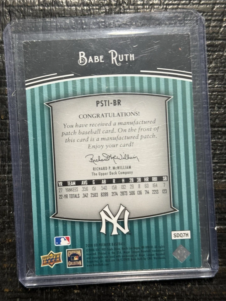 Babe Ruth 714 HR 2008 Upper Deck Premier Stitchings Card 07/15  LML - Image 2 of 2