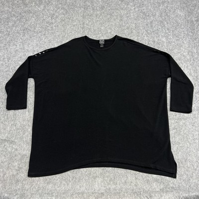 Clara Sunwoo Pullover Womens Large Black Button Shoulder 3/4 Sleeve Made USA