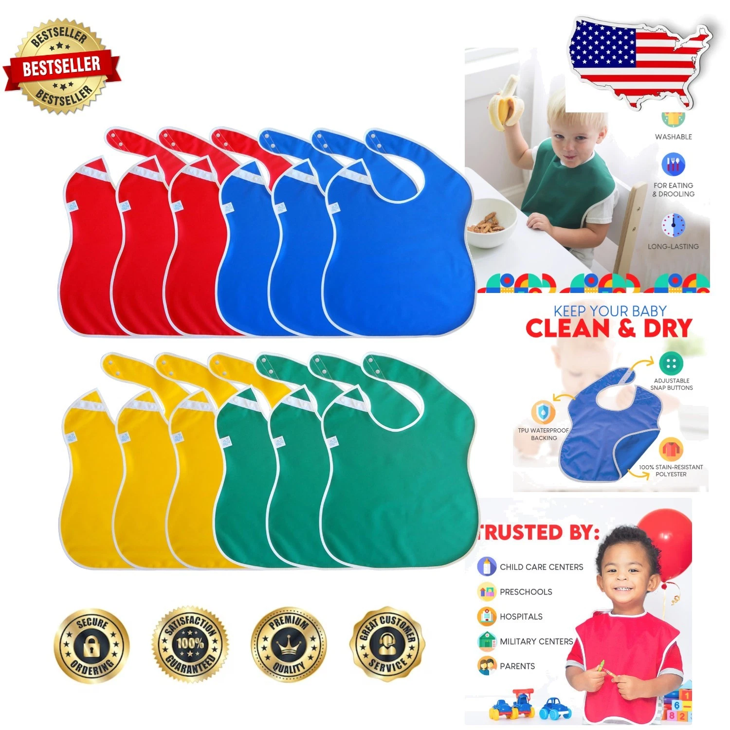 Durable Waterproof Baby Bibs 12pk Multicolor Easy Snap Button Washer Dry
Opens in a new window or ta