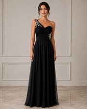 Xscape by Joanna Chen Size 2 Black Rhinestone One Shoulder Maxi Dress