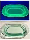Vtg Uranium Green Glass Serving / Vanity Dish Rectangular w/Oval Base Beaded 10"
