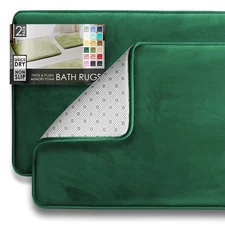 Hunter Green 2-Piece Non-Slip Bath Mat Set - Velvet Memory Foam, Washable