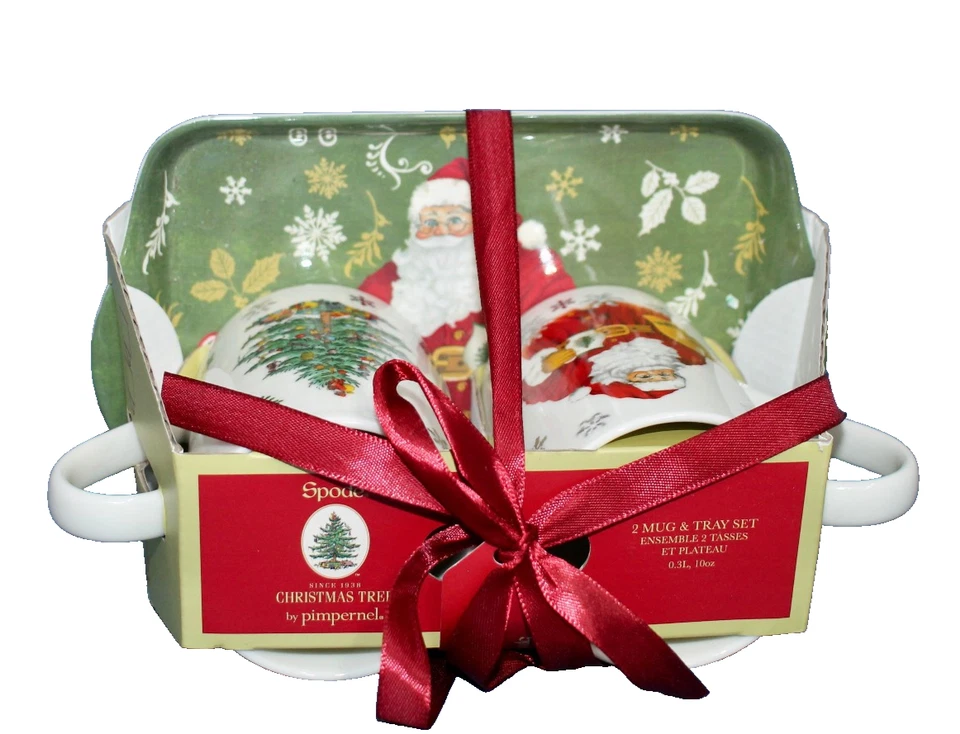 SPODE Christmas Tree 2 Mug & Cookie Tray Set Red White Green Porcelain - Image 3 of 4