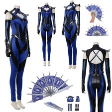 MK 11 Kitana Cosplay Halloween Blue Battle Coat pants Fancy Dress Folding Fan US
