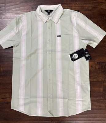 NWT Volcom Stripe Down Button Up Short Sleeve Shirt Green Men s Size Medium. C5