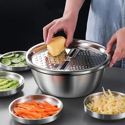 3 Pcs Kitchen Stainless Steel Multi-function Grater Slicer Washing Drain Basin