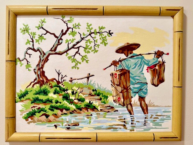 Mid Century Paint by Number Asian Fisherman Walking in Stream Faux Bamboo Frame