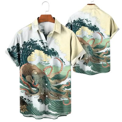 Mens Octopus Wave Hawaiian Shirt Japanese Style Beach Vacation Aloha