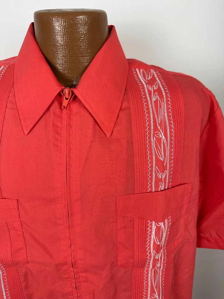 Guayabera 衬衫男式大号橙色全拉链刺绣古巴婚礼 Haband 全新无标签 — 第 2/4 张图片
