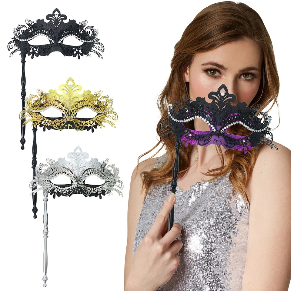 Venezianische Augenmaske mit Stab Damen Oper Maske Ball Spitze Fasching neu- - Bild 3 von 4