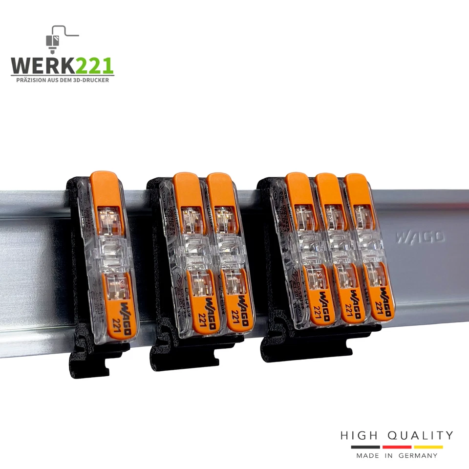 WERK221 DIN Hutschienenhalter Halterung für WAGO 221-2411 Durchgangsverbinder mit Hebeln
