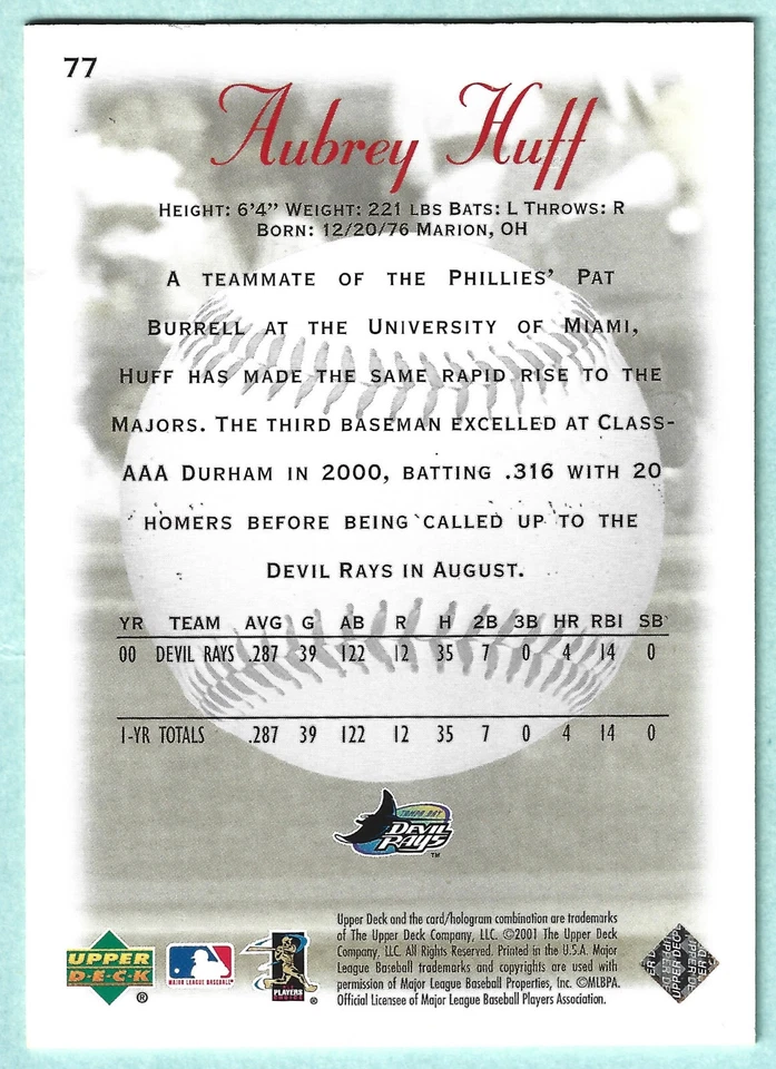 2001 Sweet Spot - Aubrey Huff - #77 - Tampa Bay Devil Rays - NrMt-Mt - Image 4 of 4