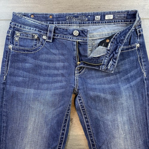 Pantalones de mezclilla Miss Me Signature para mujer 31 azul lavado oscuro solapa bolsillo lentejuelas gruesas - Imagen 6 de 15