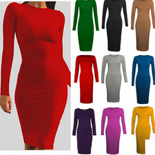 WOMENS LADIES LONG SLEEVE MIDI DRESS STRETCH BODYCON PLAIN JERSEY MAXI 8-26