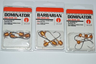 3 packs vmc dominator barbarian half moon jigs 1/4oz 1/8oz pumpkinseed assorted