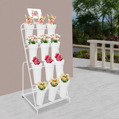 4 Layers Flower Display Stand with 12* Buckets & Wheels for Patio Garden White