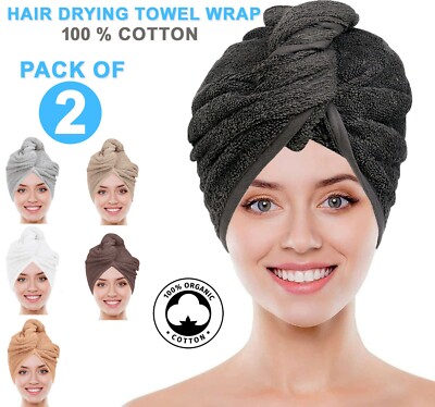 2er Pack Haartrocknung Handtuch Wickel Turban 100 % Baumwolle Kopf Badekappe schnell trocknende Mütze