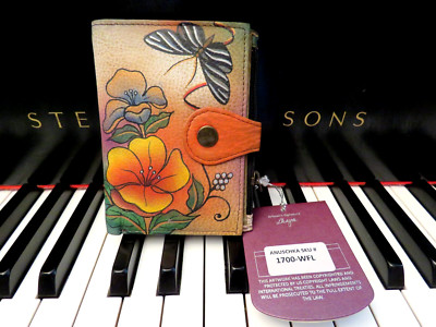 NWT Auth. Anuschka Genuine Leather Hand Painted Multicolor Bifold Wallet Signed