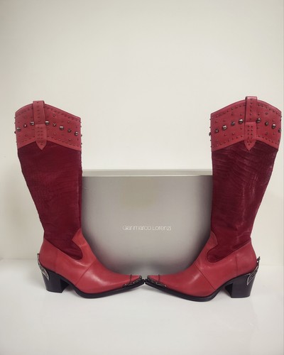 Gianmarco Lorenzi Womens Red Leather Cowhair Cowgirl Zipped Boots Size 38 Italy - Picture 2 of 19