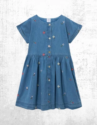 Ex John Lewis Mädchen besticktes SS Chambray Shirtkleid in Blau/Multi