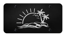 Beach Palm Tree Car Tag Diamond Etch Black Metal Vanity Front License Plate