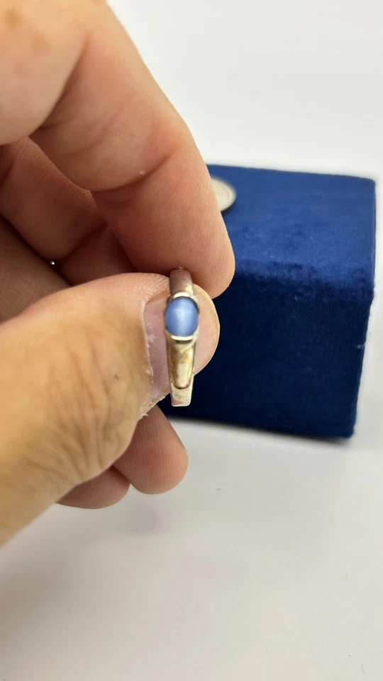 Anillo de plata esterlina talla 9 azul ojo de gato calcedonia piedras preciosas vintage Foto 2 de 4