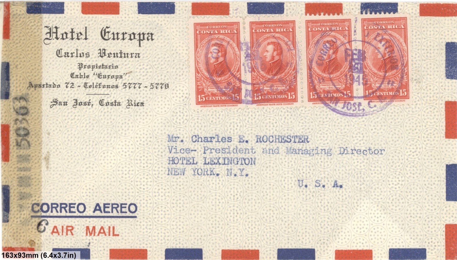 Costa Rica 1945 Airmail Cover Censored Hotel Europa San Jose To New York