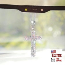Bling Cross Car Hanging Ornament, Crystal Rhinestone Car Rearview Mirror White