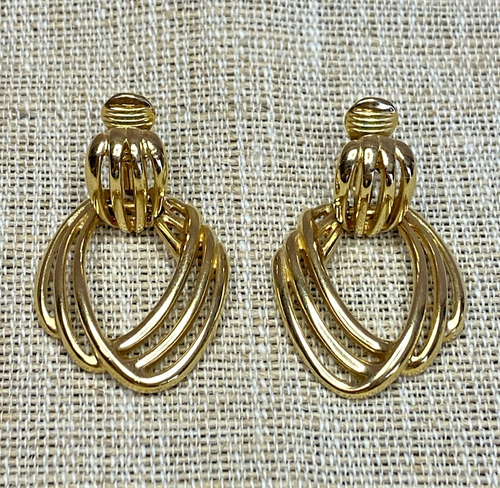Vintage MONET Gold Tone Triple Swirl Door Knocker Clip-on Earrings - Picture 2 of 8