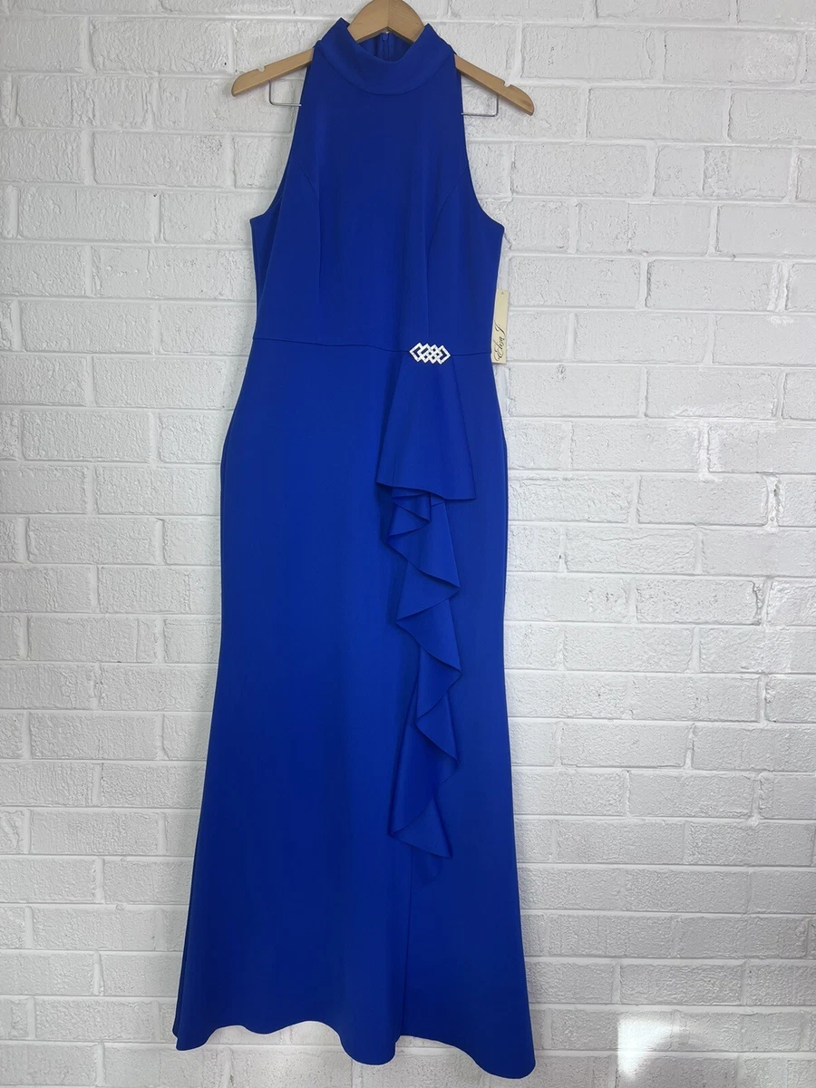 Eliza J EJ3 2548 High Neck Ruffled Front Sleeveless Gown SZ 8 Sapphire Blue 12