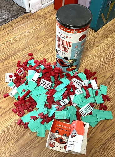 1950's Auburn Flexible Building Bricks Set Canister Instructions no# 949 425 pcs