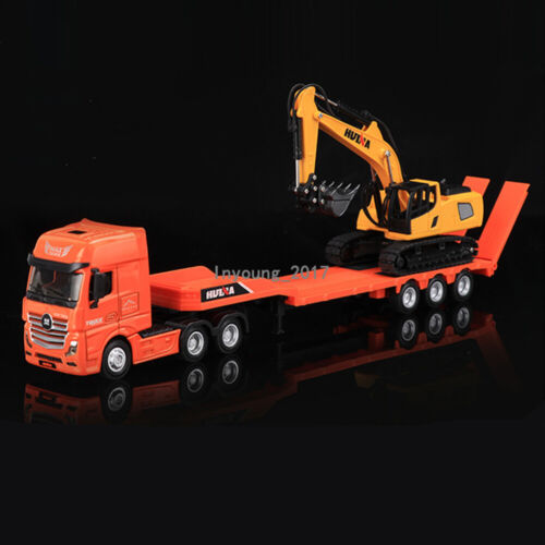 Flatbed Truck with Excavator 1:50 Diecast Metal Construction Vehicle Toys Orange - Picture 12 of 13