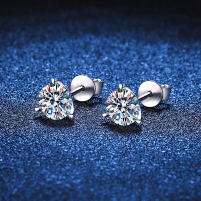 MEN 1.6CT Three Prong Moissanite 6.5mm Stud Earrings White Gold-Plated Silver