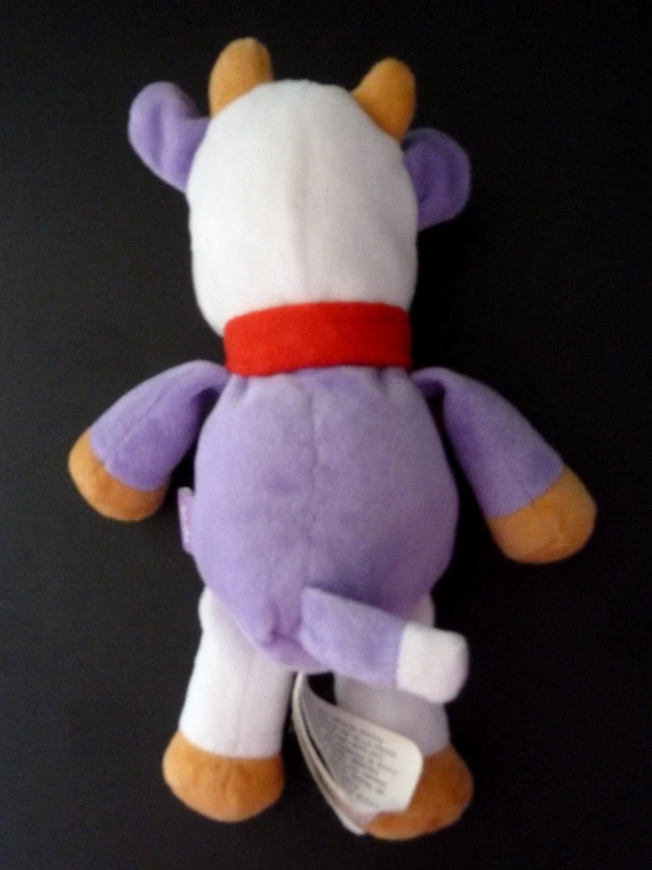 *. DOUDOU PELUCHE VACHE MILKA  ROSE MAUVE BLANC BEIGE ECHARPE ROUGE ETAT NEUF* - Photo 2/4